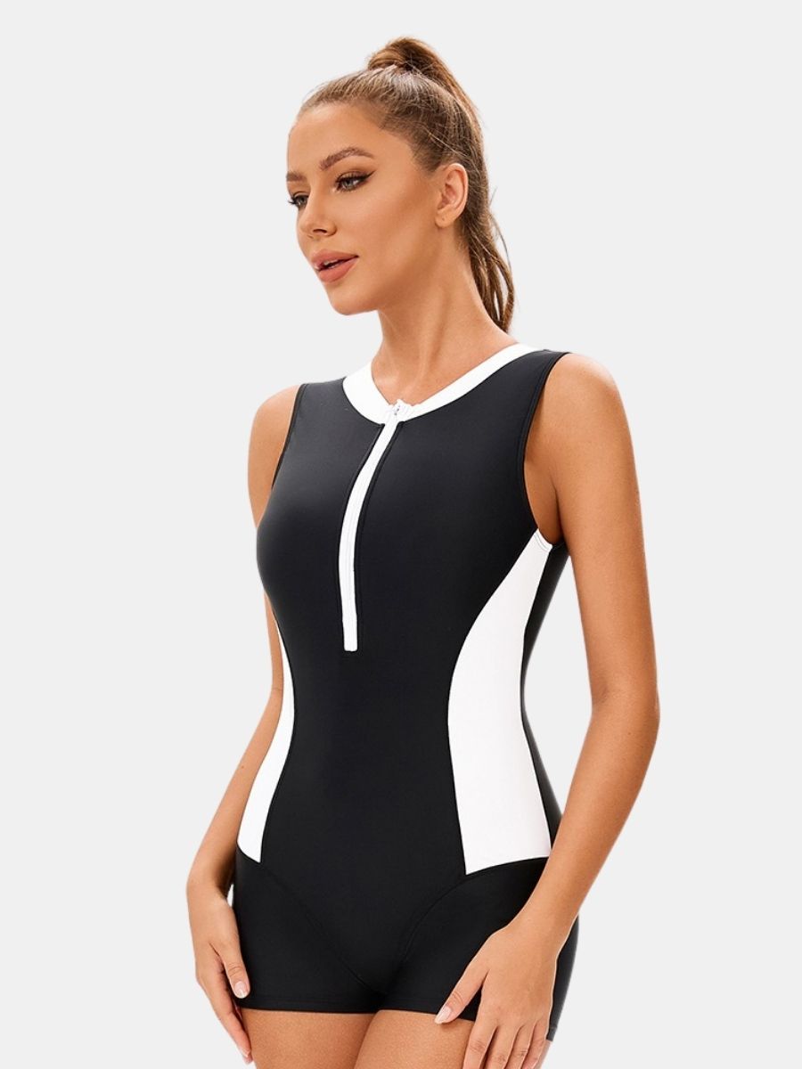 Front Zip Colorblock Sleeveless Boyleg Athletic Women One-piece Sports Swimsuit