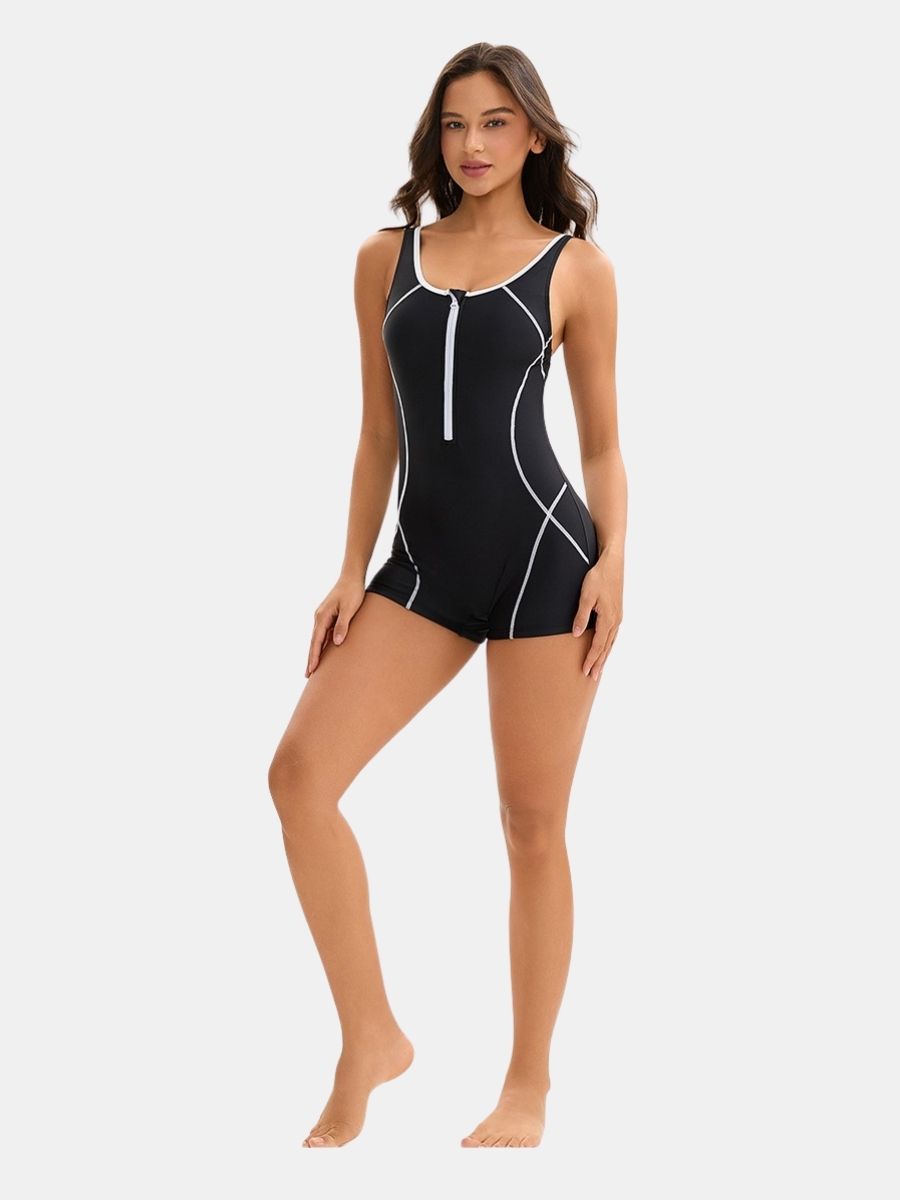 Front Zip Boyleg Colorblock Women One-piece Athletic Sports Swimsuit