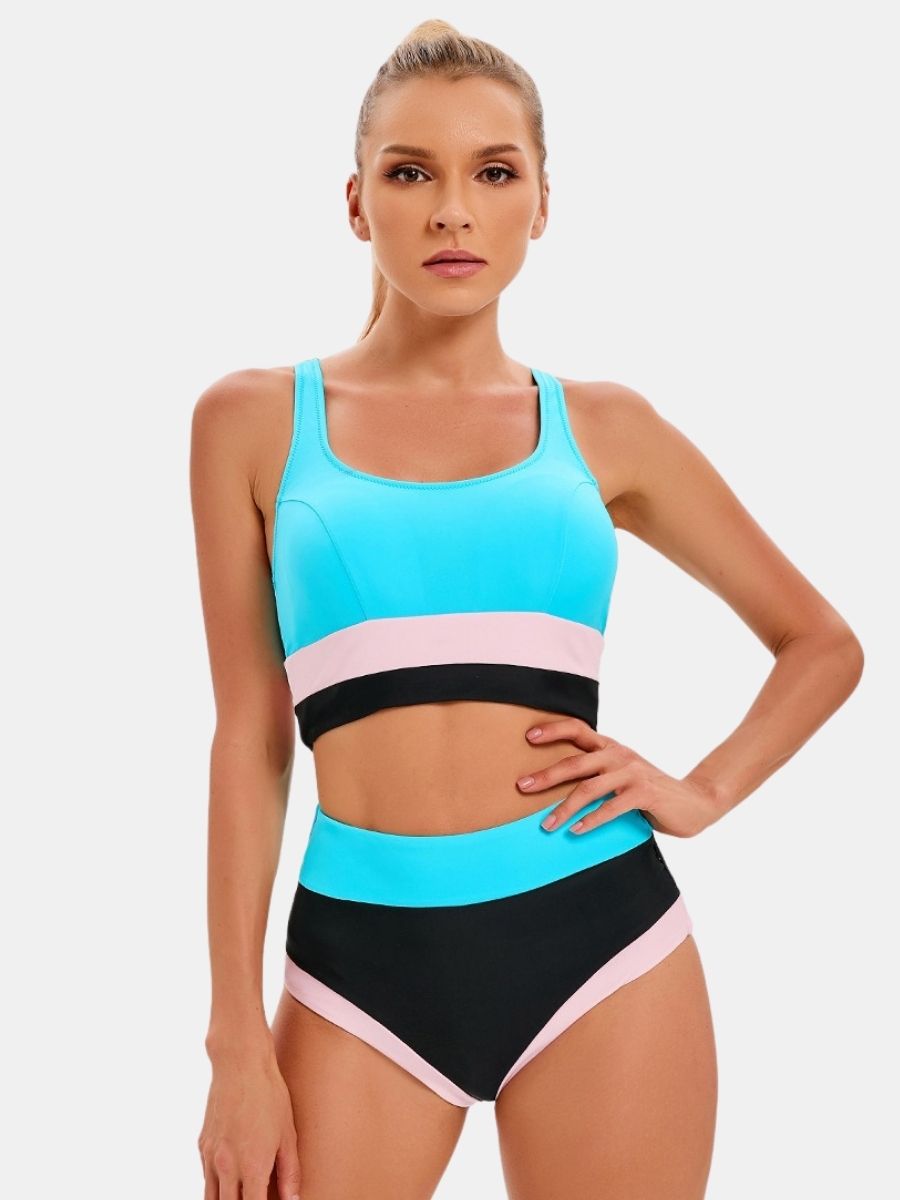 Colorblock Athletic Two-pieces Women Sports Swimsuit