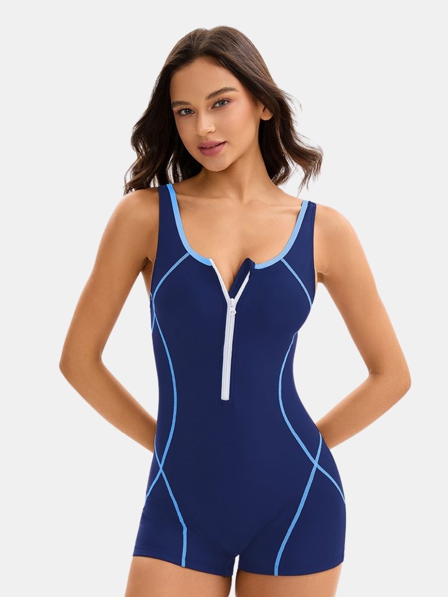 Front Zip Boyleg Colorblock Women One-piece Athletic Sports Swimsuit