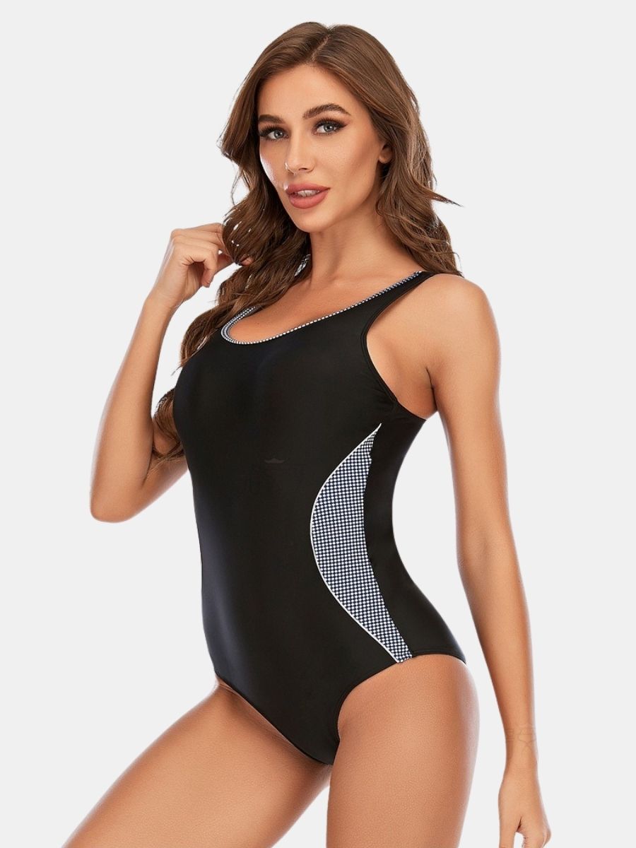 Open Back Colorblock Athletic Women One-piece Sports Swimsuit