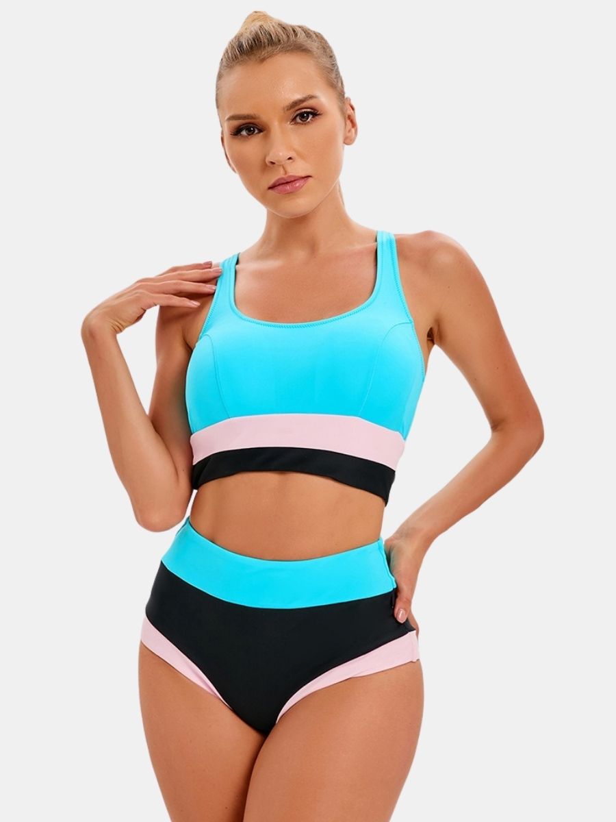 Colorblock Athletic Two-pieces Women Sports Swimsuit