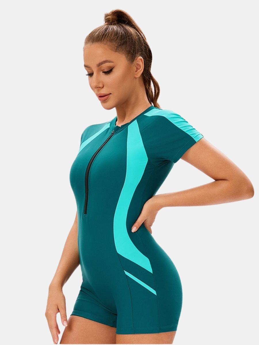 Front Zip Short Sleeve Boyleg Sufing Athletic Women One-piece Sports Swimsuit