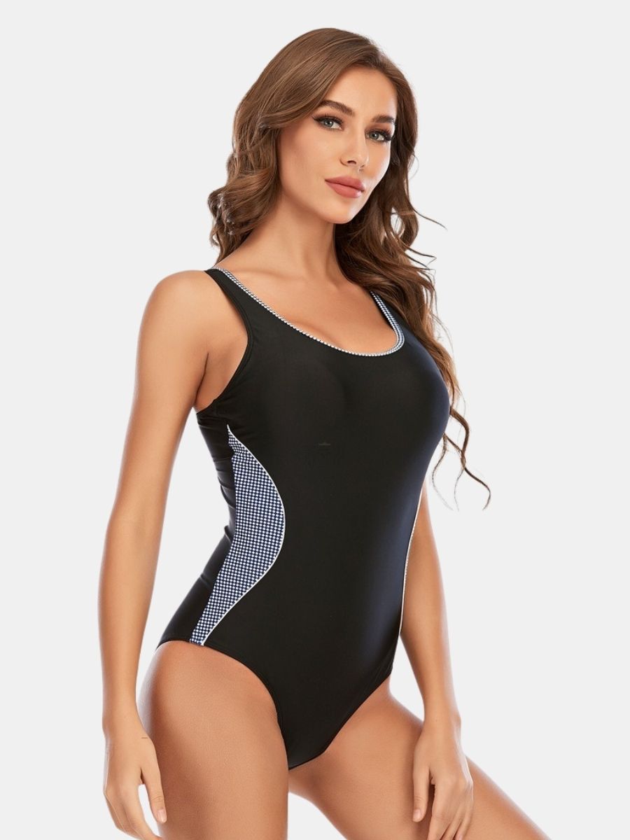 Open Back Colorblock Athletic Women One-piece Sports Swimsuit