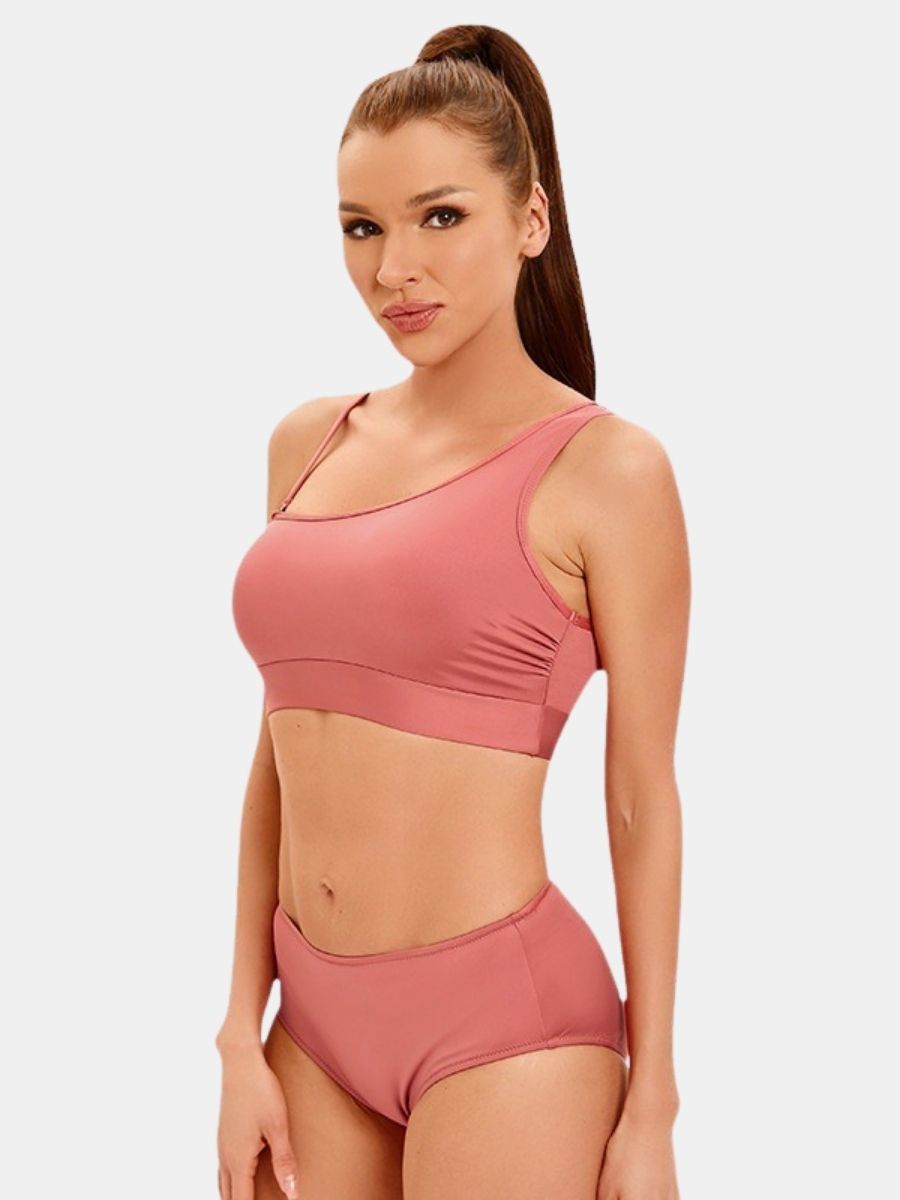 One Shoulder Backless Athletic Three-pieces Women Sports Swimsuit With Skirt