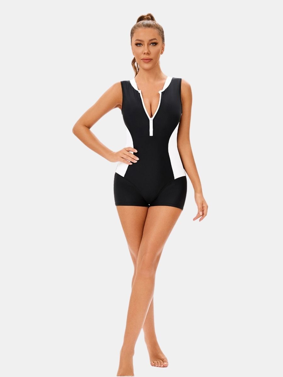 Front Zip Colorblock Sleeveless Boyleg Athletic Women One-piece Sports Swimsuit