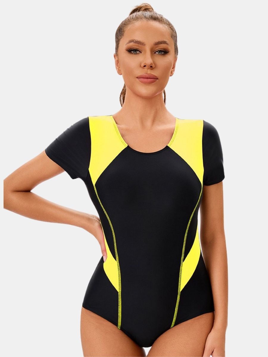 Colorblock Short Sleeve Athletic One-piece Women Sports Swimsuit