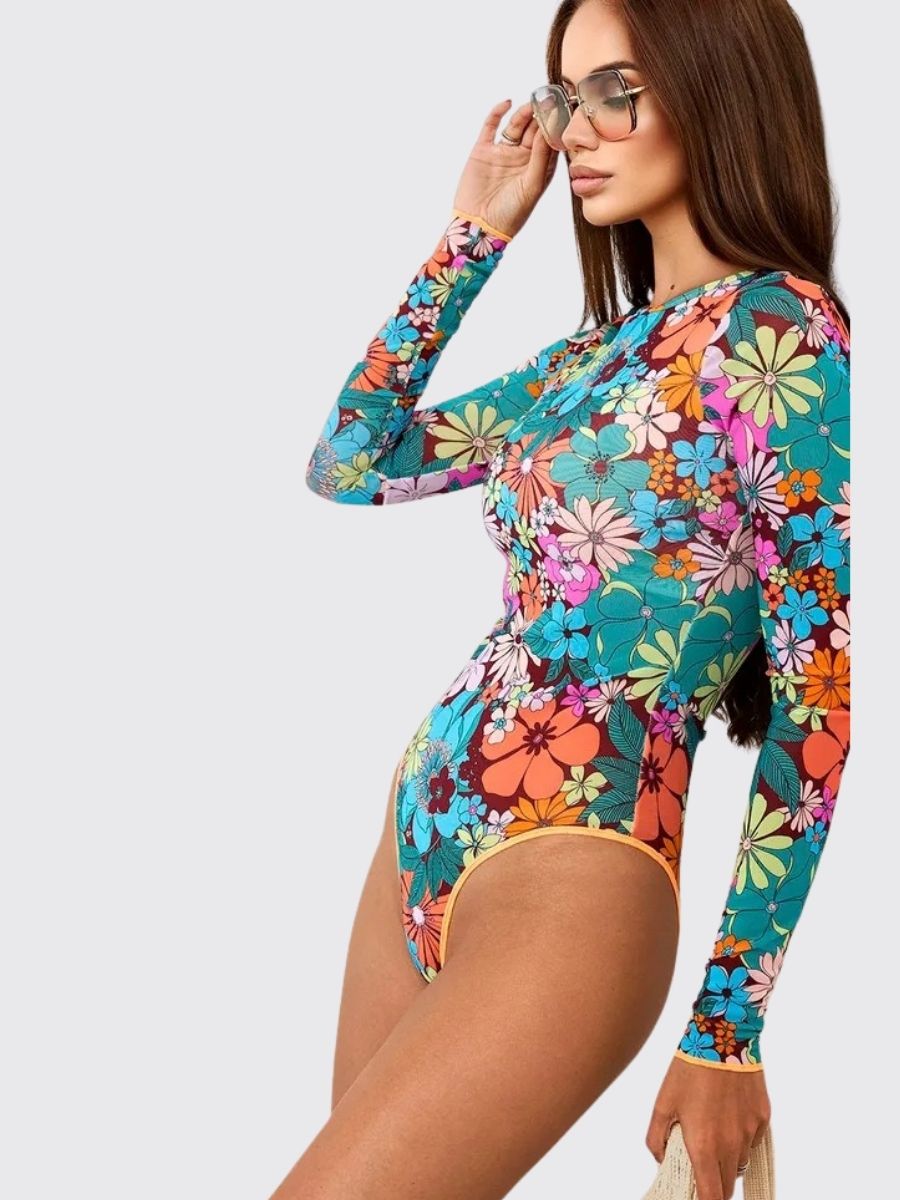 Floral Print Blue Back Tie String Women Long Sleeve UPF50+ Rash Guard Swimsuit