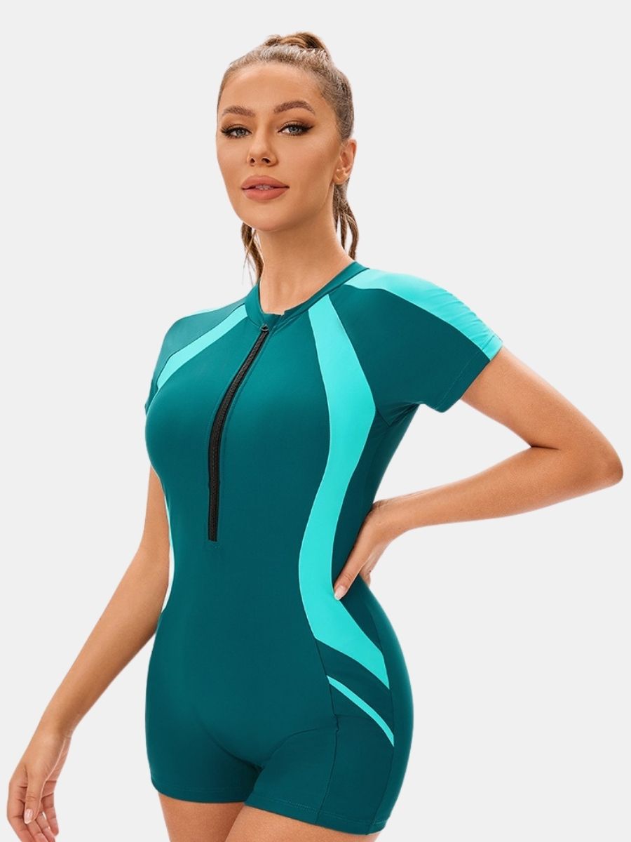 Front Zip Short Sleeve Boyleg Sufing Athletic Women One-piece Sports Swimsuit