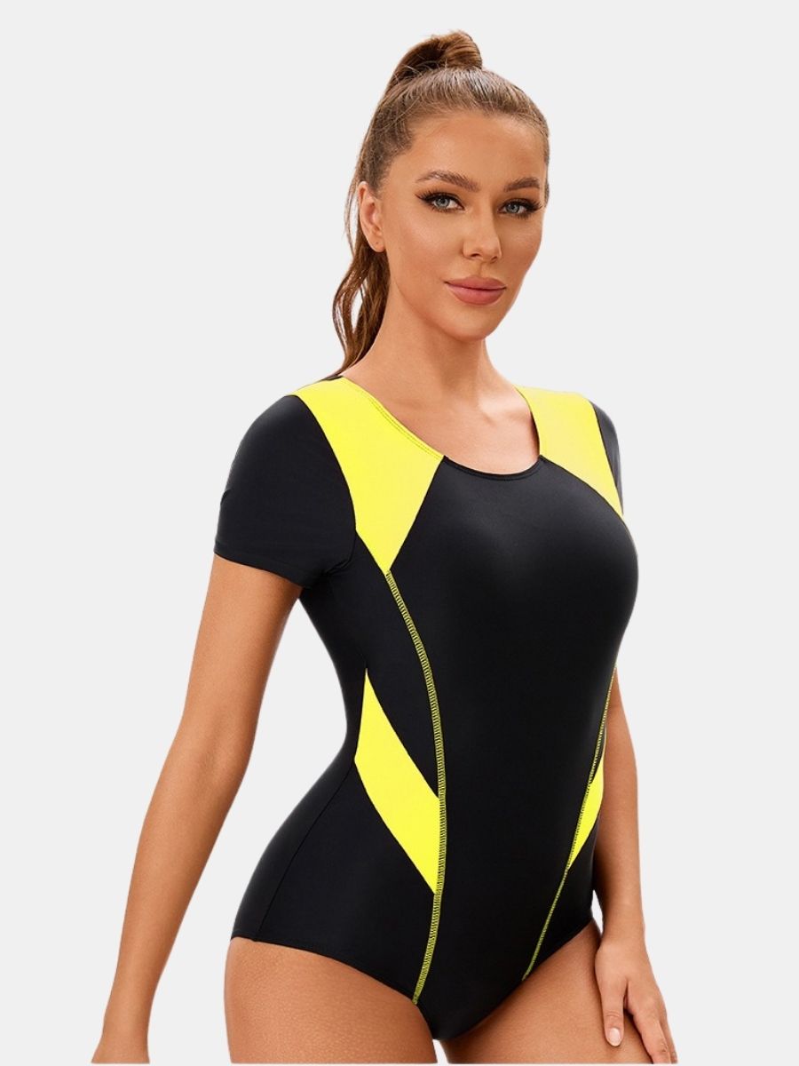 Colorblock Short Sleeve Athletic One-piece Women Sports Swimsuit