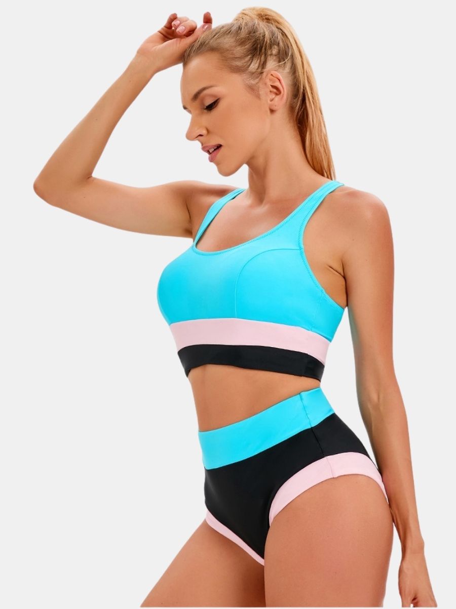 Colorblock Athletic Two-pieces Women Sports Swimsuit