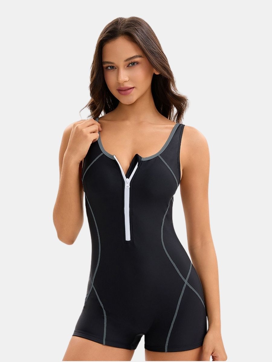 Front Zip Boyleg Colorblock Women One-piece Athletic Sports Swimsuit