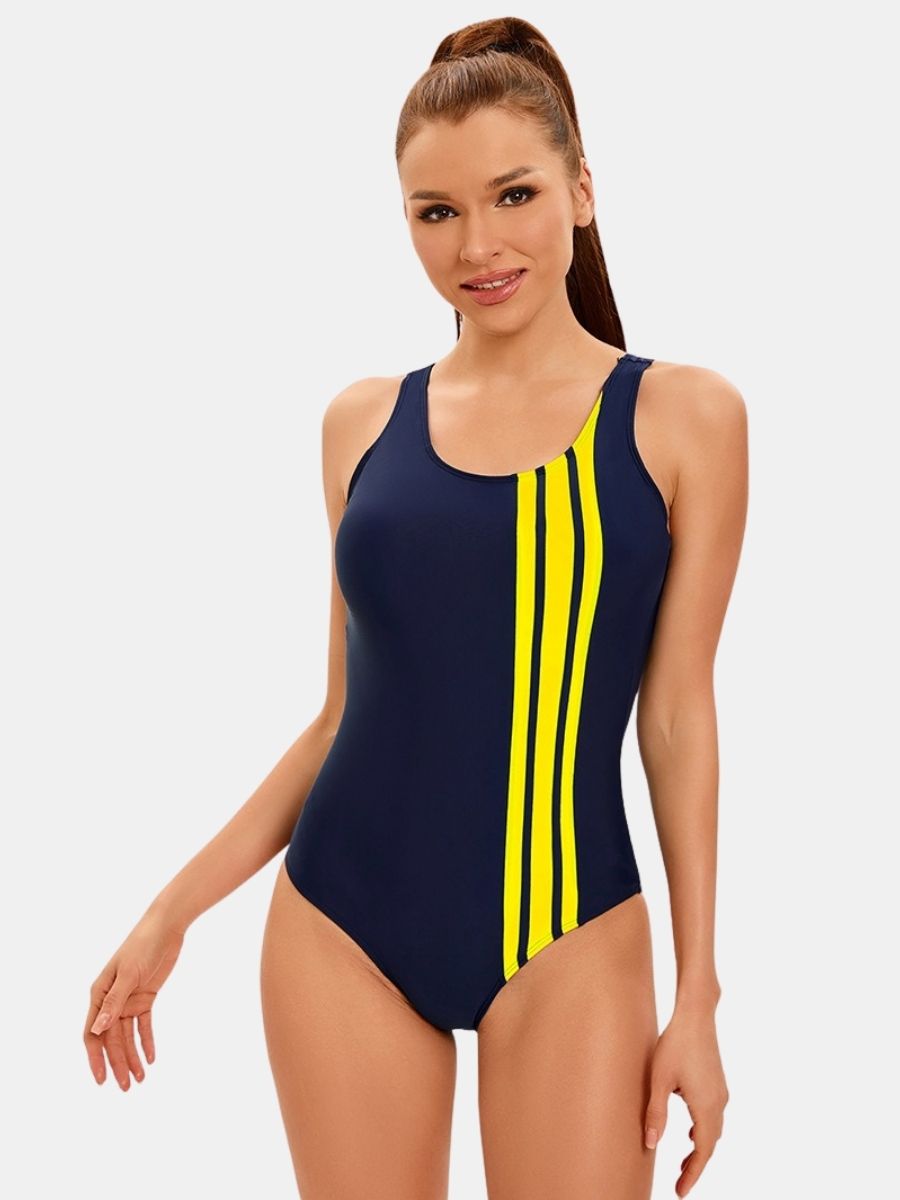 Open Back Colorblock Women Athletic One-piece Sports Swimsuit