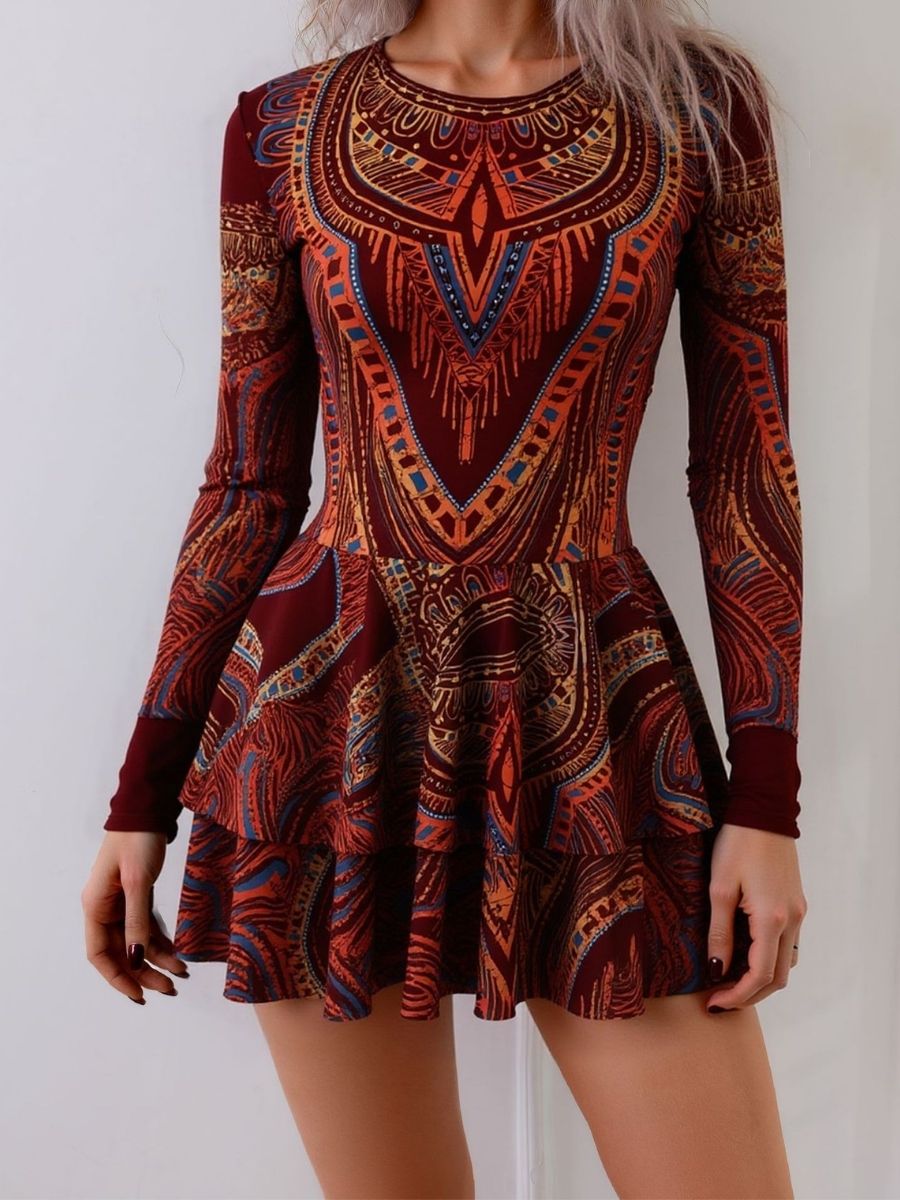 Boho Brown Back Tie String Women Long Sleeve UPF50+ Rash Guard Swimsuit With Skirt