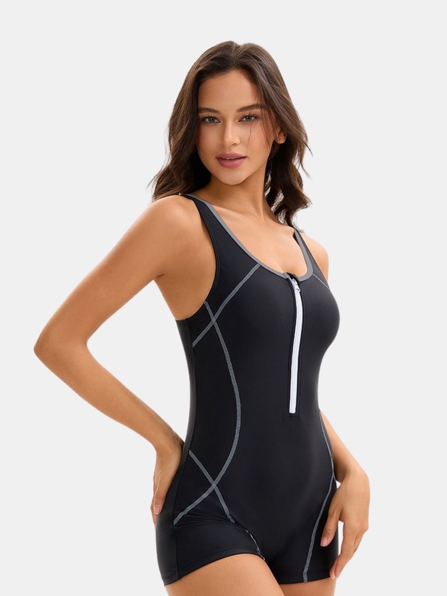 Front Zip Boyleg Colorblock Women One-piece Athletic Sports Swimsuit