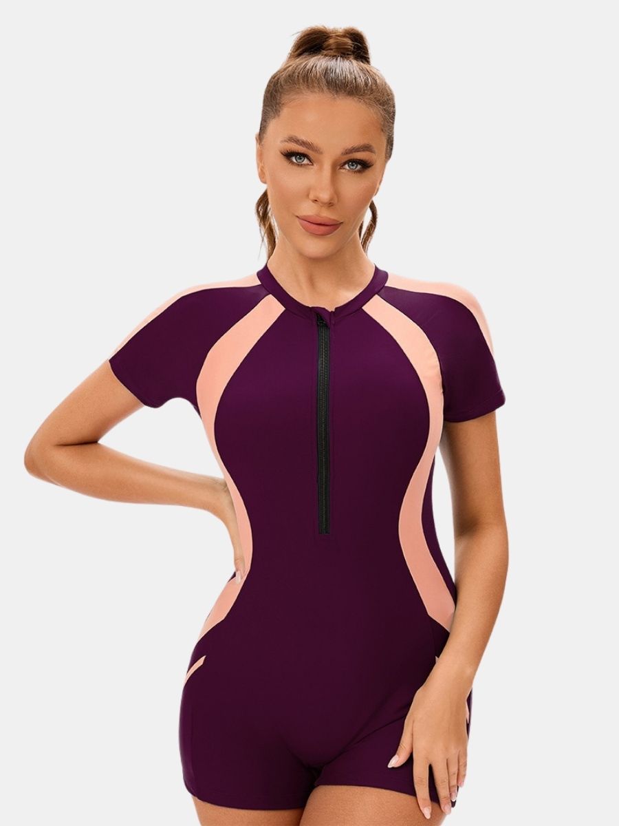Front Zip Short Sleeve Boyleg Sufing Athletic Women One-piece Sports Swimsuit