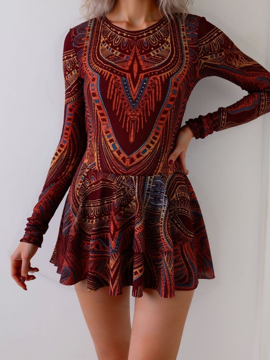 Boho Brown Back Tie String Women Long Sleeve UPF50+ Rash Guard Swimsuit With Skirt