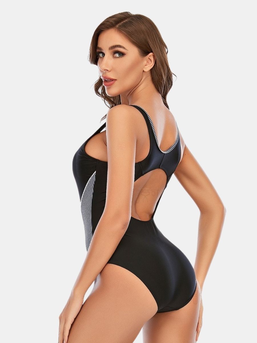 Open Back Colorblock Athletic Women One-piece Sports Swimsuit