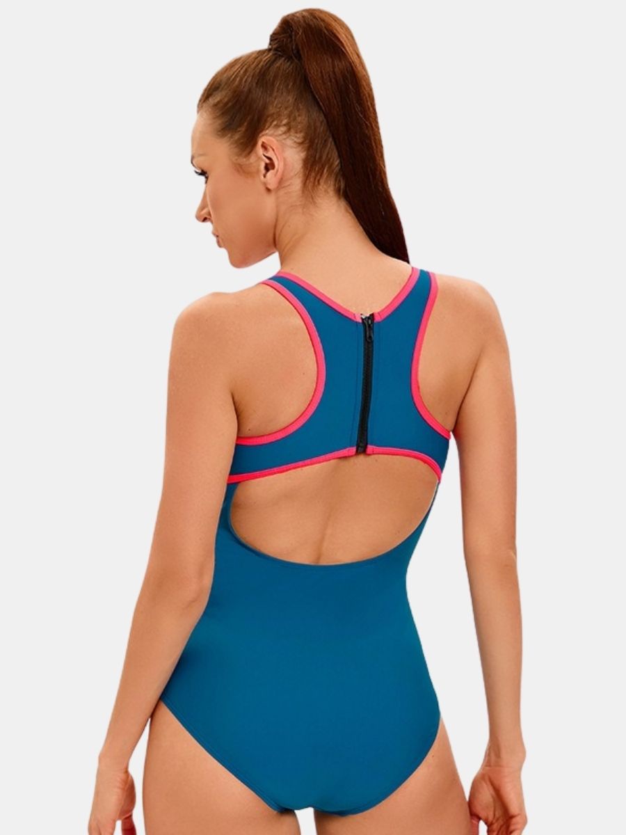 Open Back Colorblock Back Zip Athletic One-piece Women Sports Swimsuit
