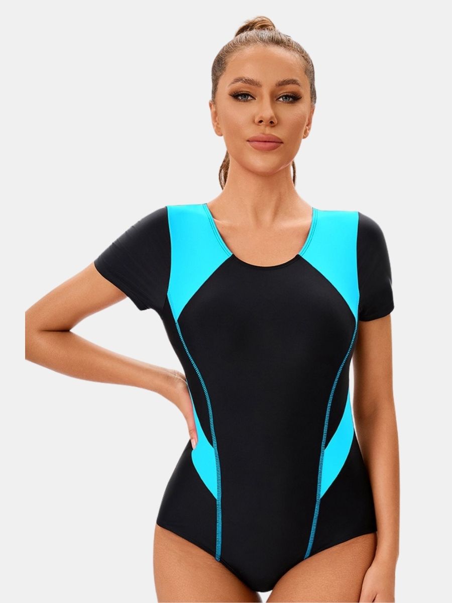 Colorblock Short Sleeve Athletic One-piece Women Sports Swimsuit