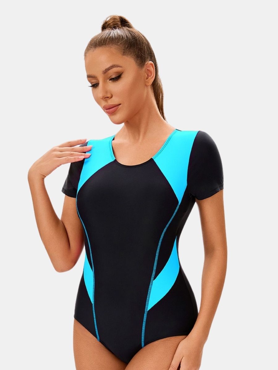 Colorblock Short Sleeve Athletic One-piece Women Sports Swimsuit