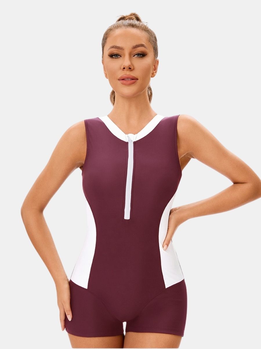 Front Zip Colorblock Sleeveless Boyleg Athletic Women One-piece Sports Swimsuit