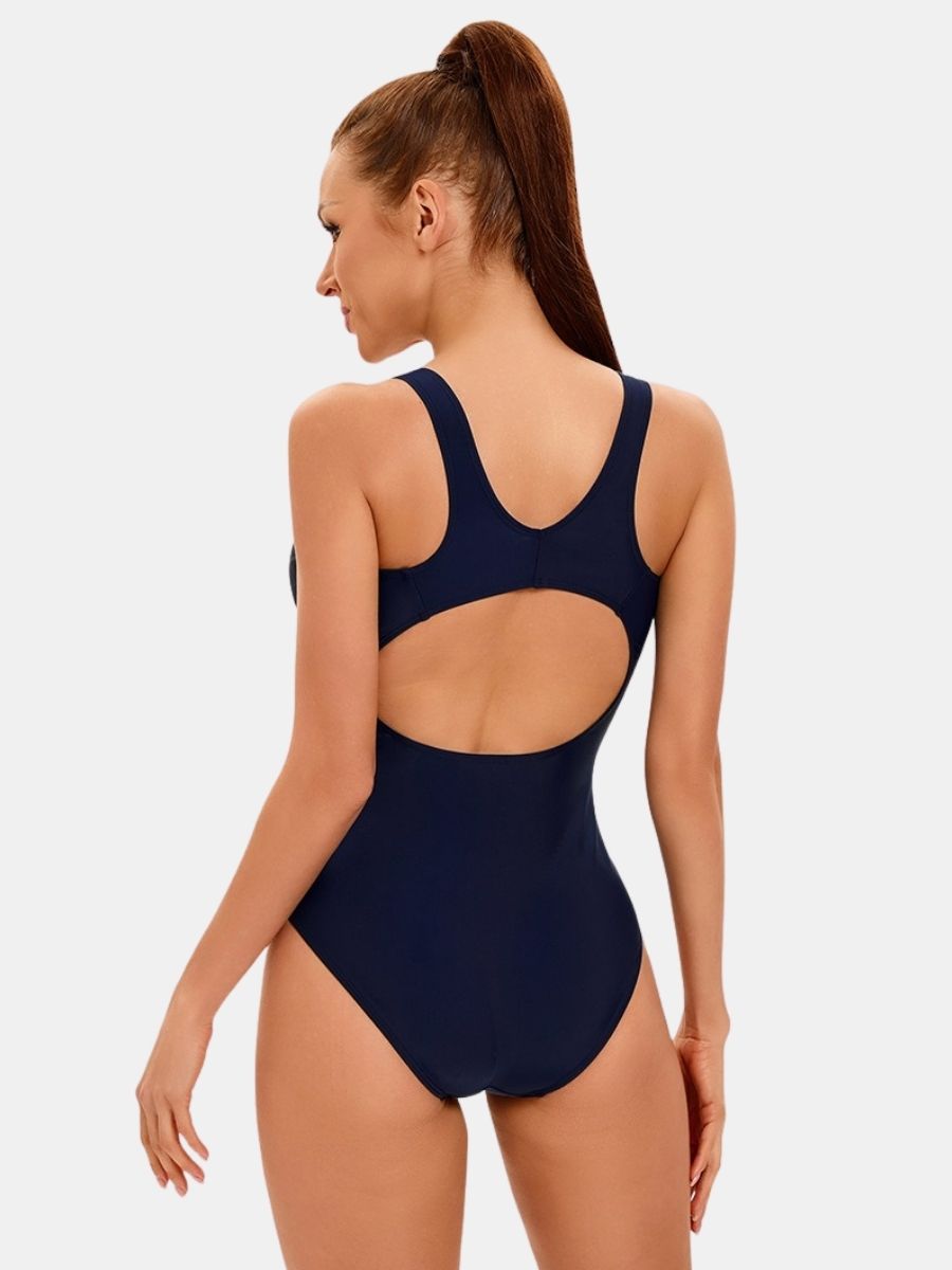Open Back Colorblock Women Athletic One-piece Sports Swimsuit