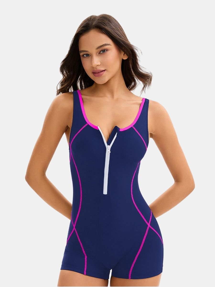 Front Zip Boyleg Colorblock Women One-piece Athletic Sports Swimsuit