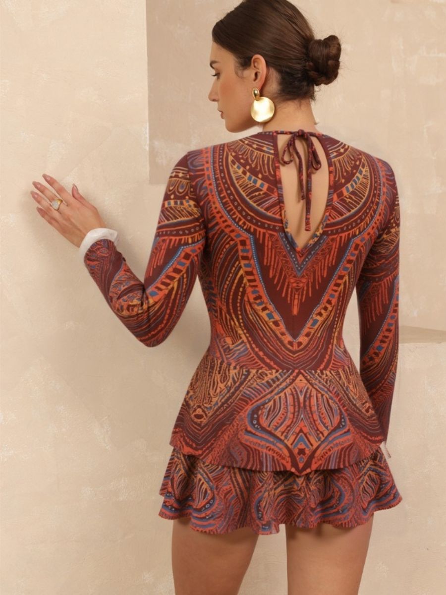 Boho Brown Back Tie String Women Long Sleeve UPF50+ Rash Guard Swimsuit With Skirt
