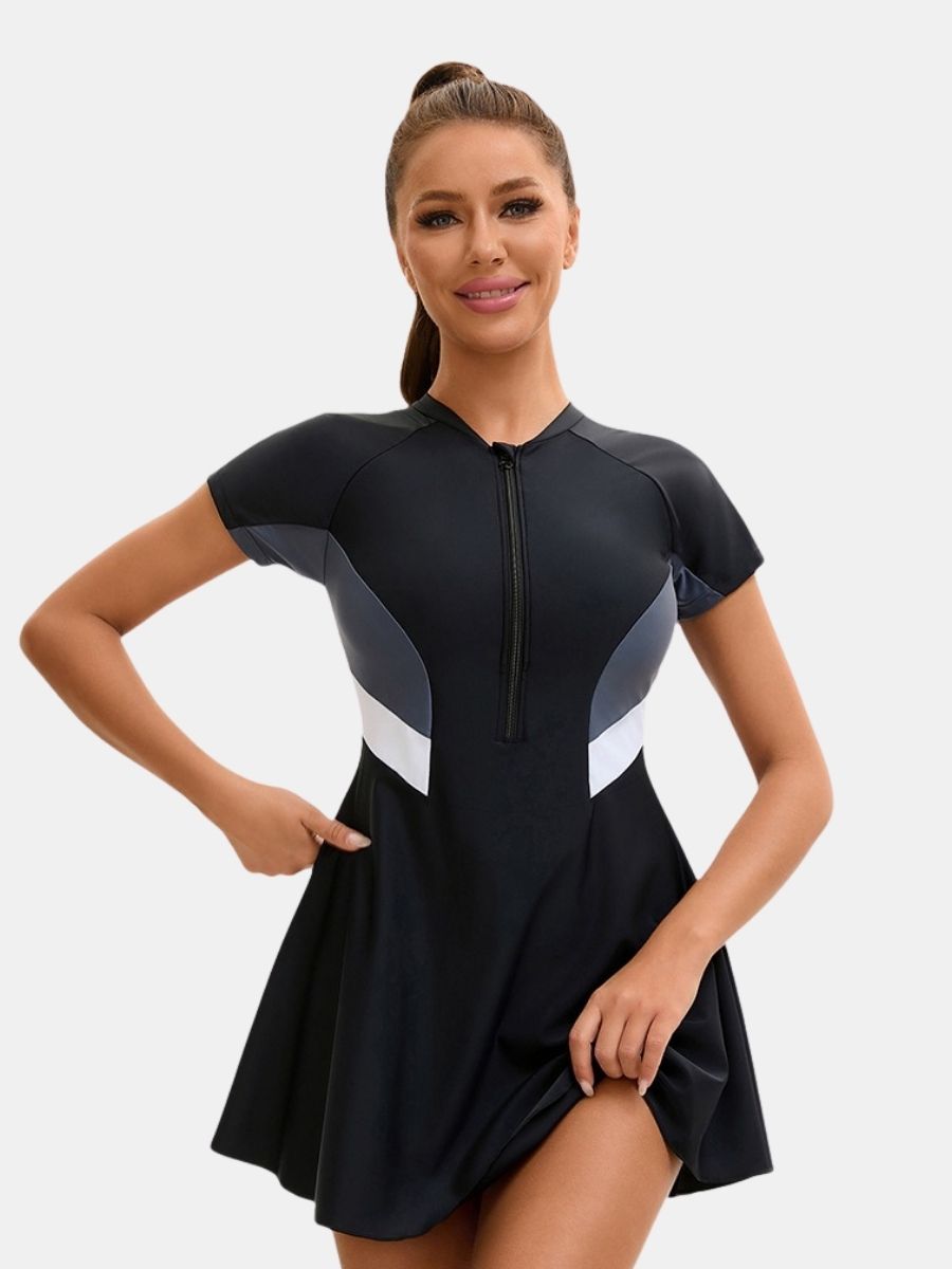 Short Sleeve Front Zip Athletic Women One-piece Sports Swimdress
