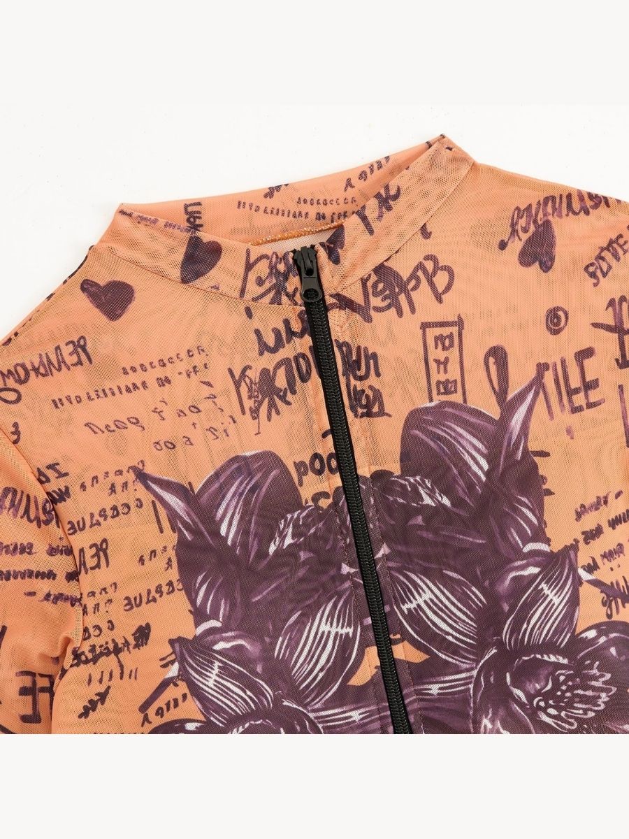 Gold Print UPF 50+ Front Zip Long Sleeve Women Rash Guard Swimsuit