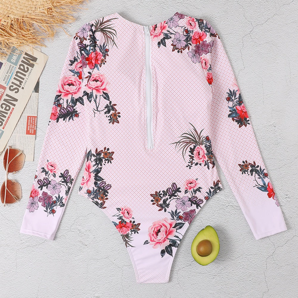 Floral Print Polka Dots Zip Long Sleeve UPF50+ Rash Guard