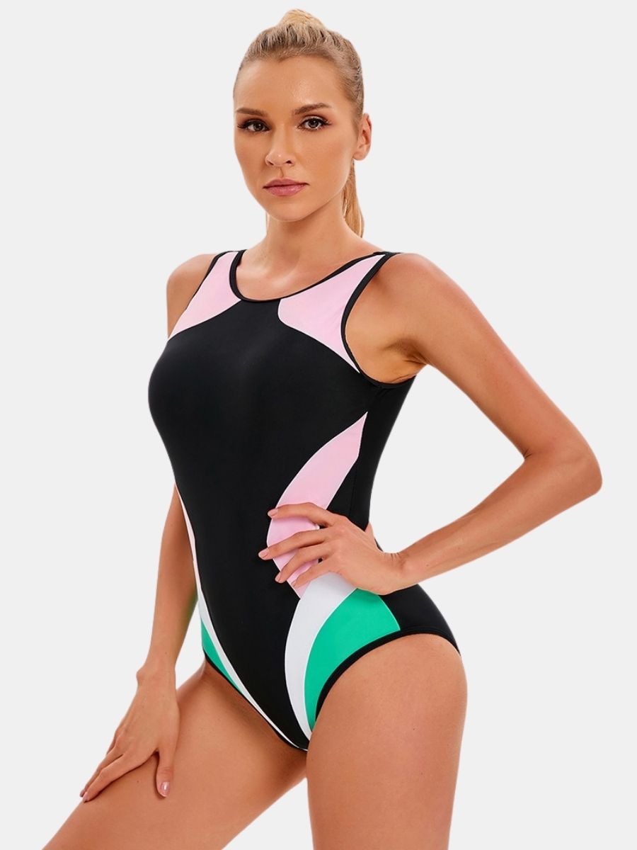 Colorblock Backless Women Athletic One-piece Sports Swimsuit