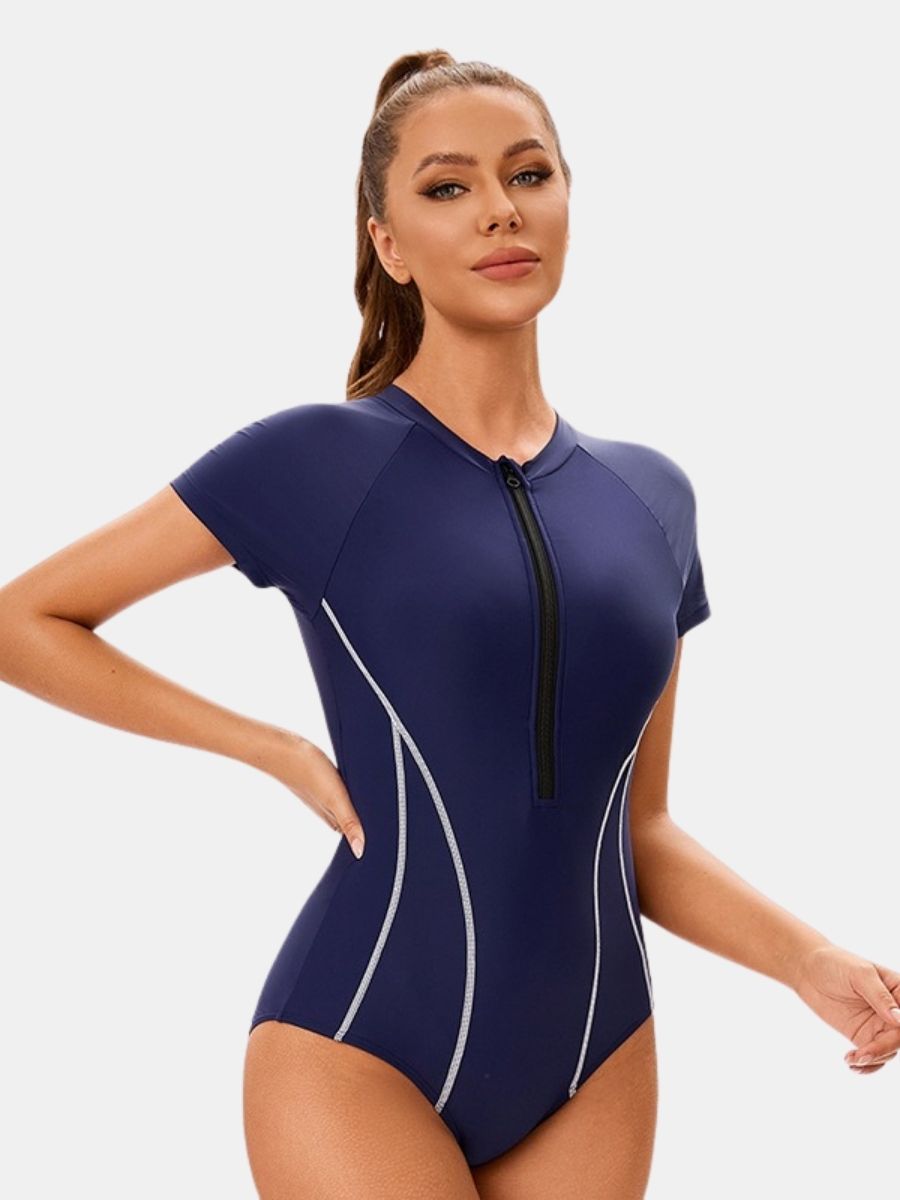 Short Sleeve High Neck Athletic One-piece Women Sports Swimsuit