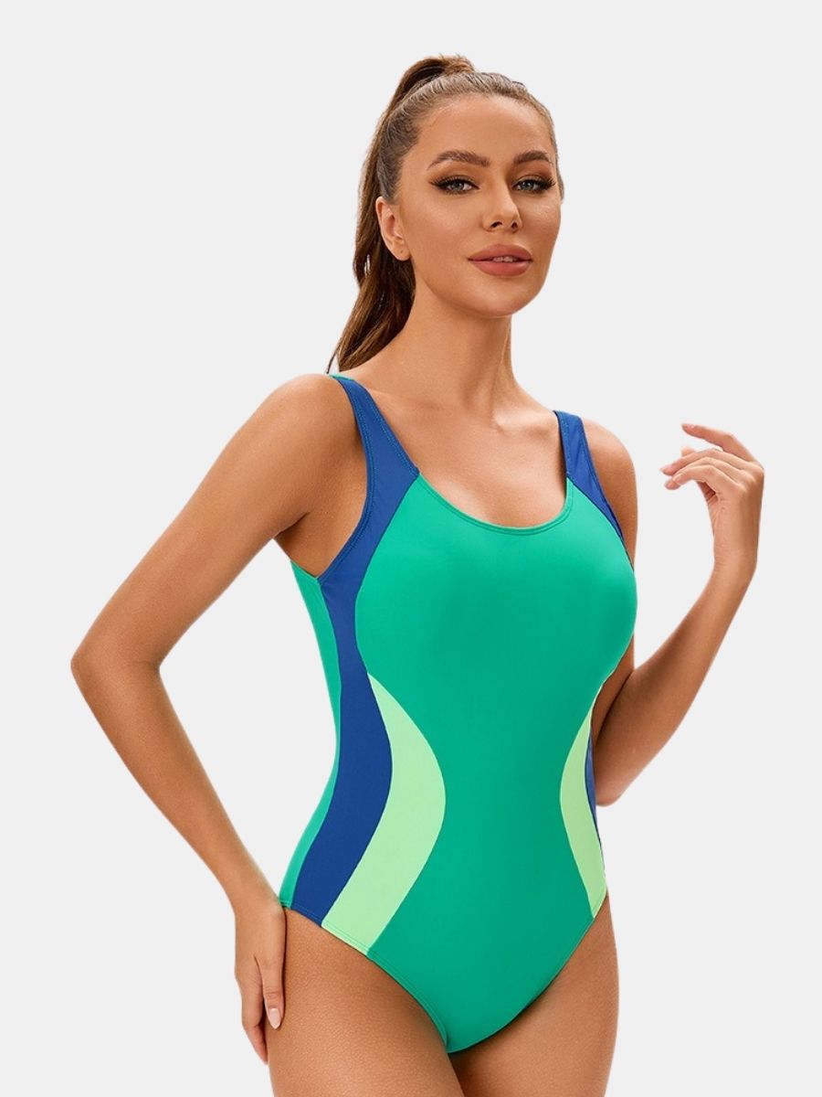 Colorblock Women Athletic One-piece Sports Swimwear