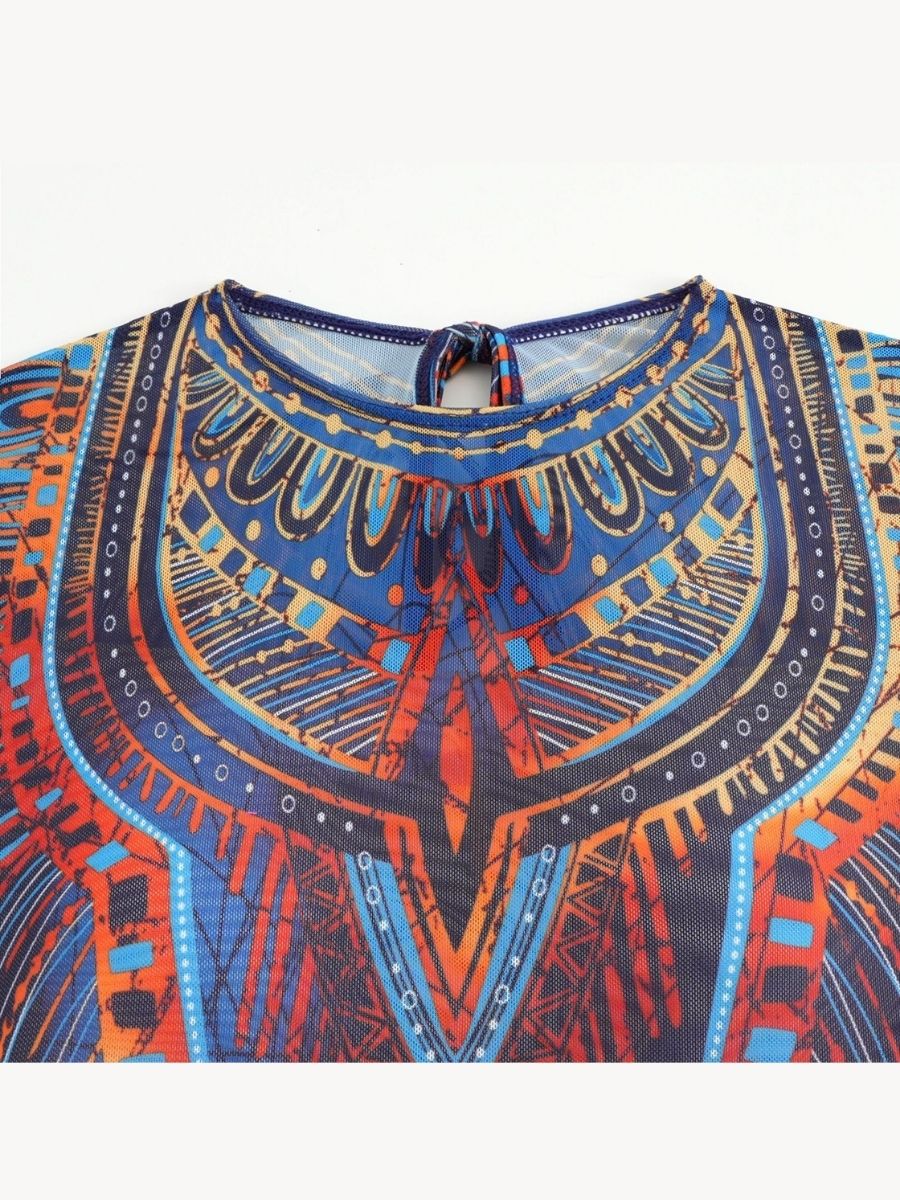 Boho Brown Back Tie String Women Long Sleeve UPF50+ Rash Guard Swimsuit With Skirt