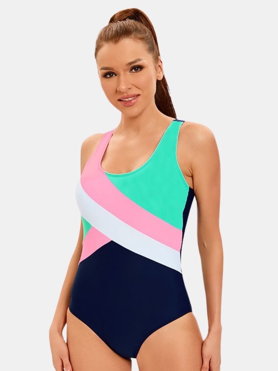 Colorblock Open Back Women Athletic One-piece Sports Swimsuit