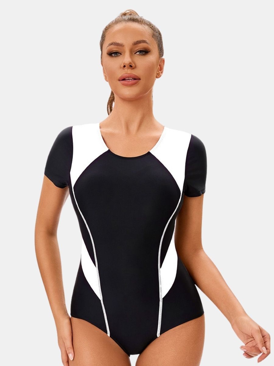 Colorblock Short Sleeve Athletic One-piece Women Sports Swimsuit