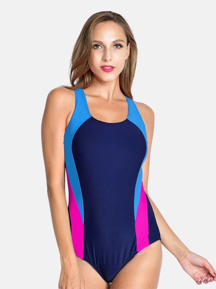 Colorblock Open Back Athletic Women One-piece Sports Swimsuit