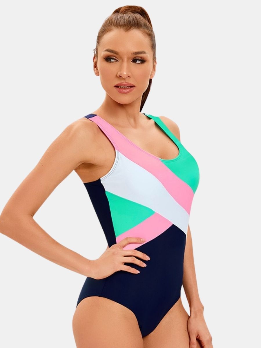 Colorblock Open Back Women Athletic One-piece Sports Swimsuit