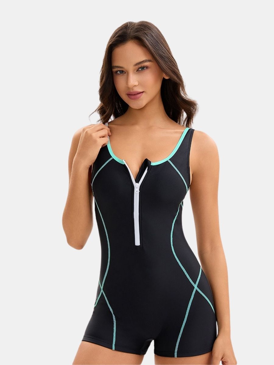 Front Zip Boyleg Colorblock Women One-piece Athletic Sports Swimsuit