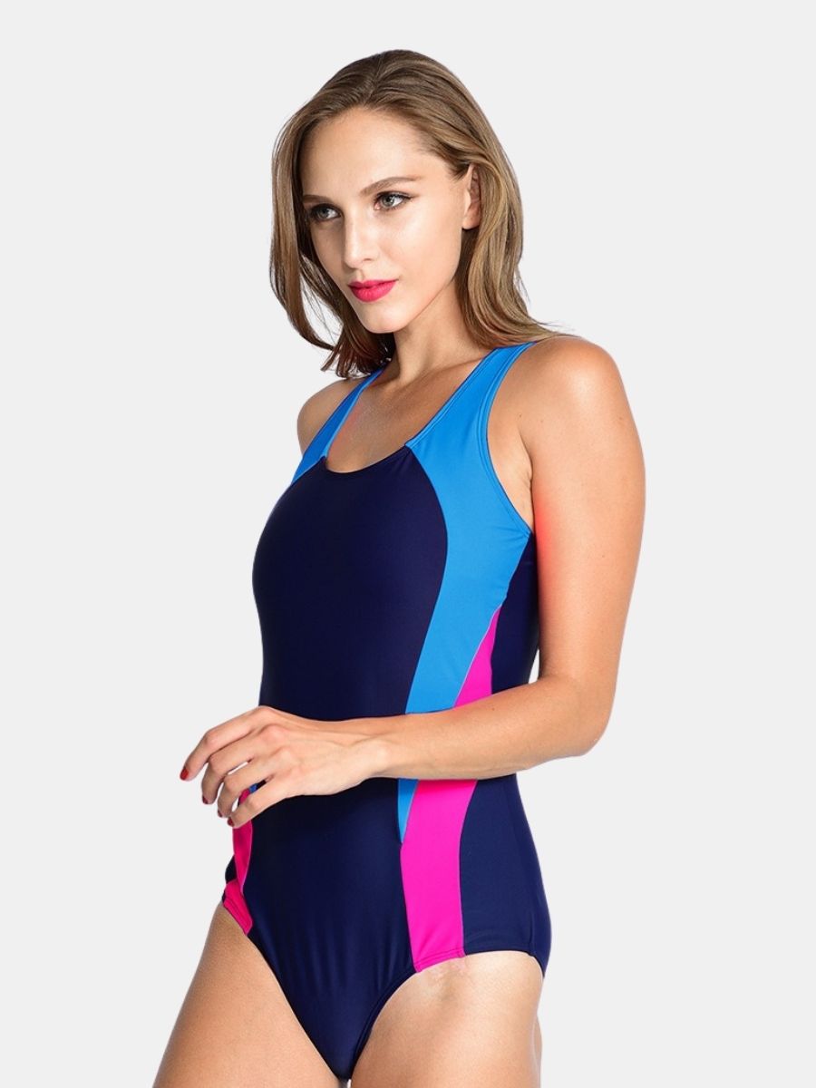 Colorblock Open Back Athletic Women One-piece Sports Swimsuit