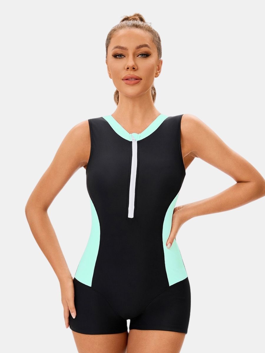 Front Zip Colorblock Sleeveless Boyleg Athletic Women One-piece Sports Swimsuit