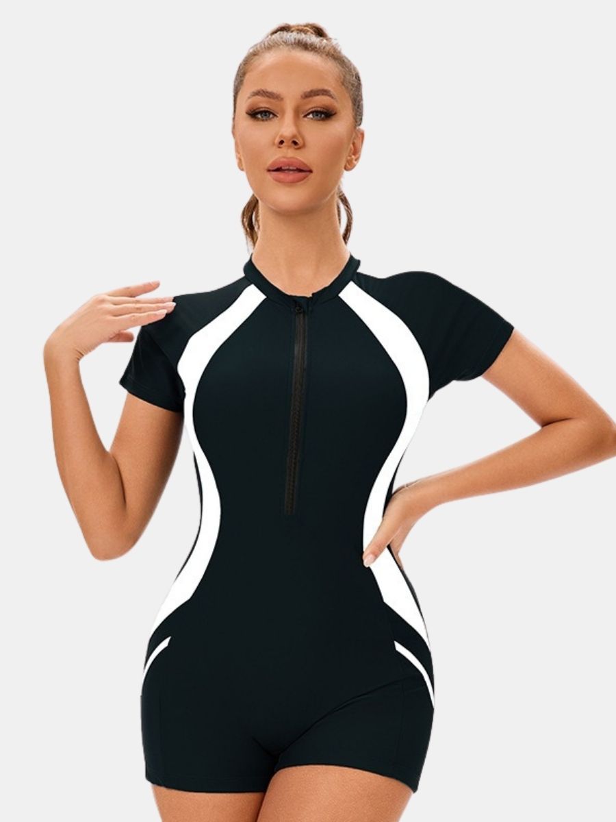 Front Zip Short Sleeve Boyleg Sufing Athletic Women One-piece Sports Swimsuit