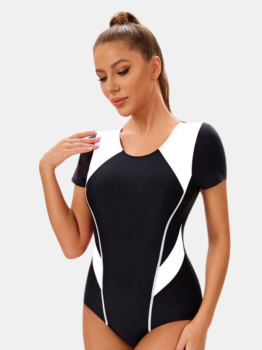 Colorblock Short Sleeve Athletic One-piece Women Sports Swimsuit