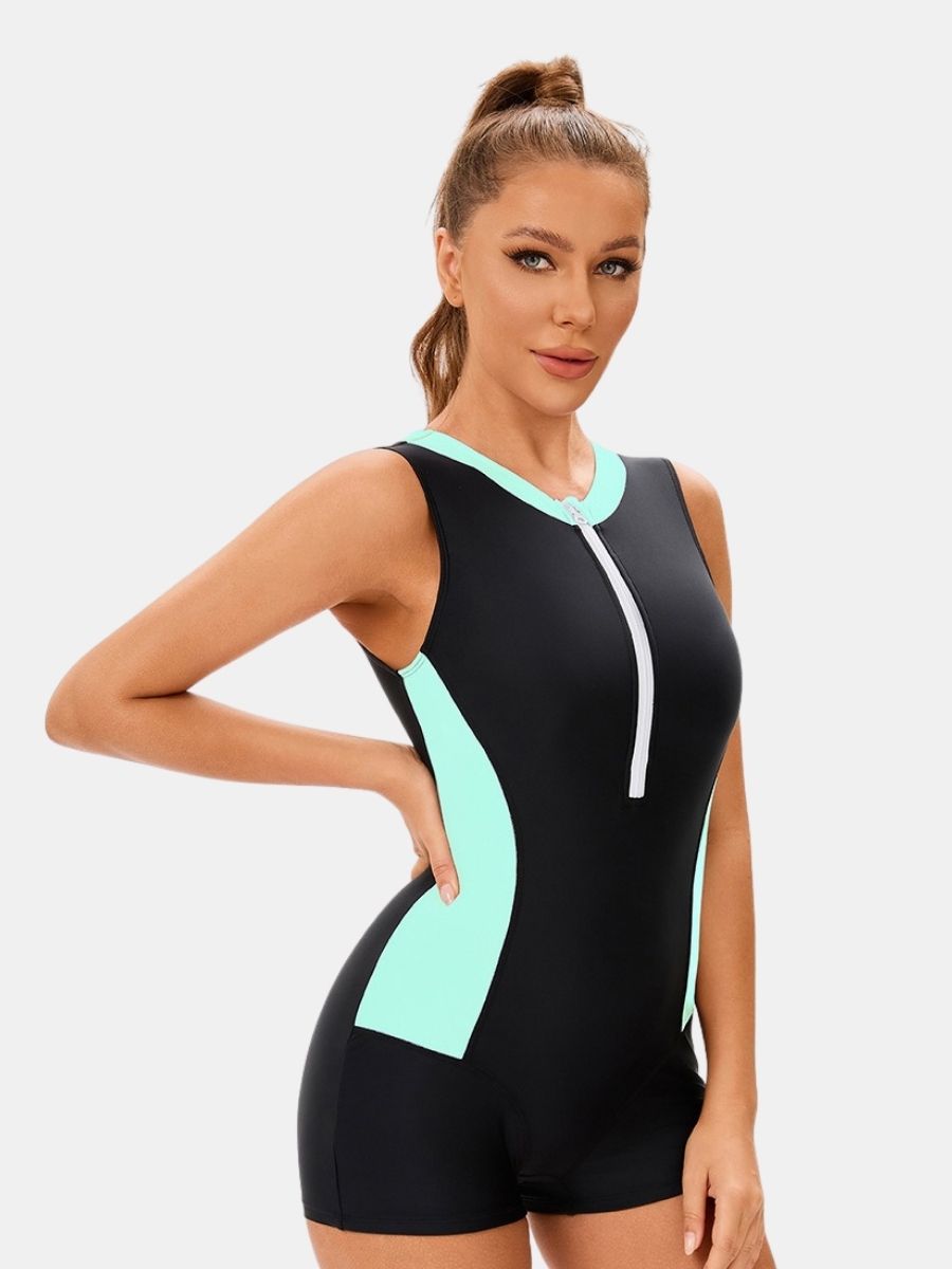 Front Zip Colorblock Sleeveless Boyleg Athletic Women One-piece Sports Swimsuit