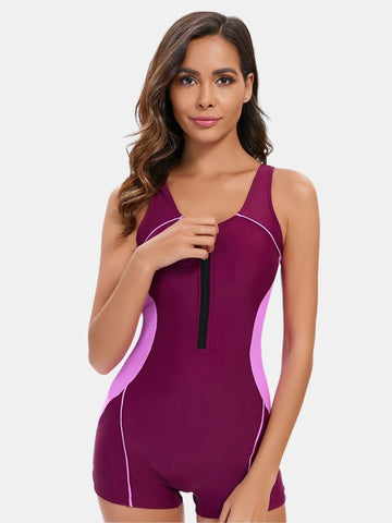Front Zip Boyleg Open Back Athletic Women One-piece Sports Swimsuit