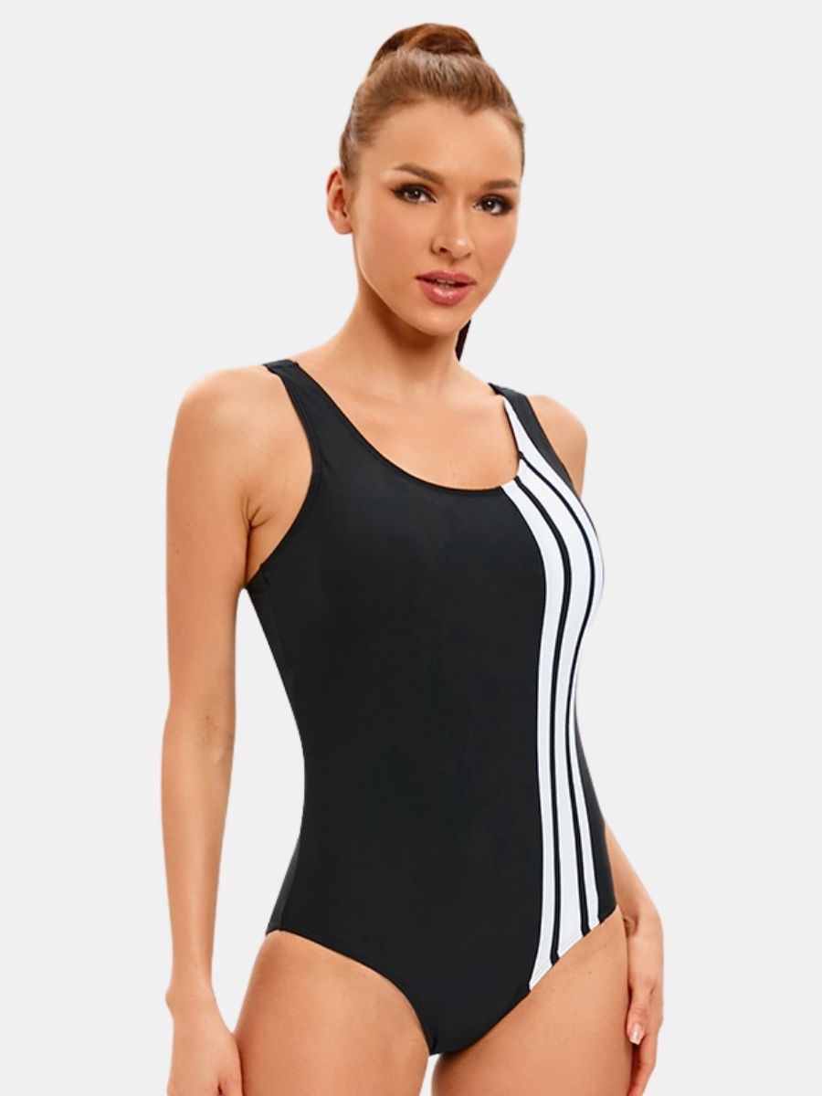 Open Back Colorblock Women Athletic One-piece Sports Swimsuit