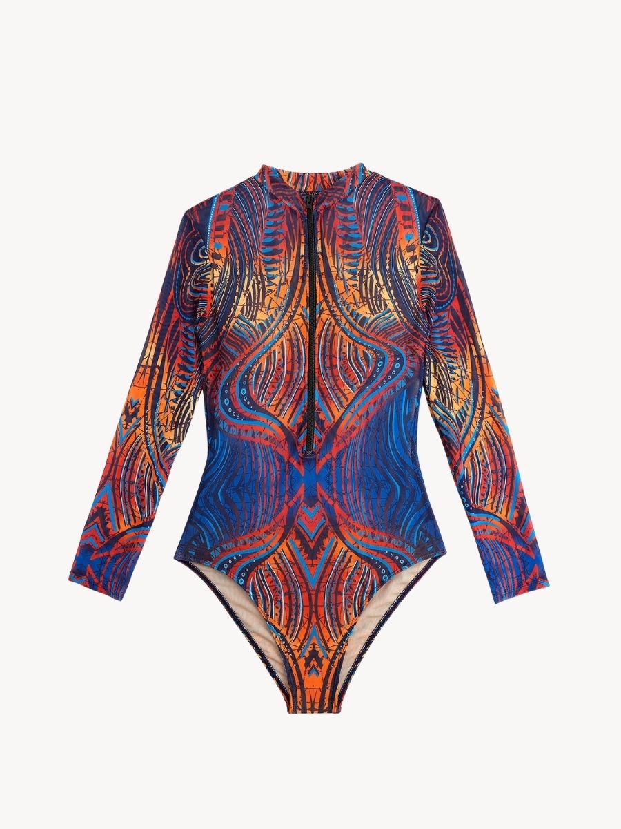 Boho Blue Front Zip Women Long Sleeve UPF50+ Rash Guard Swimsuit