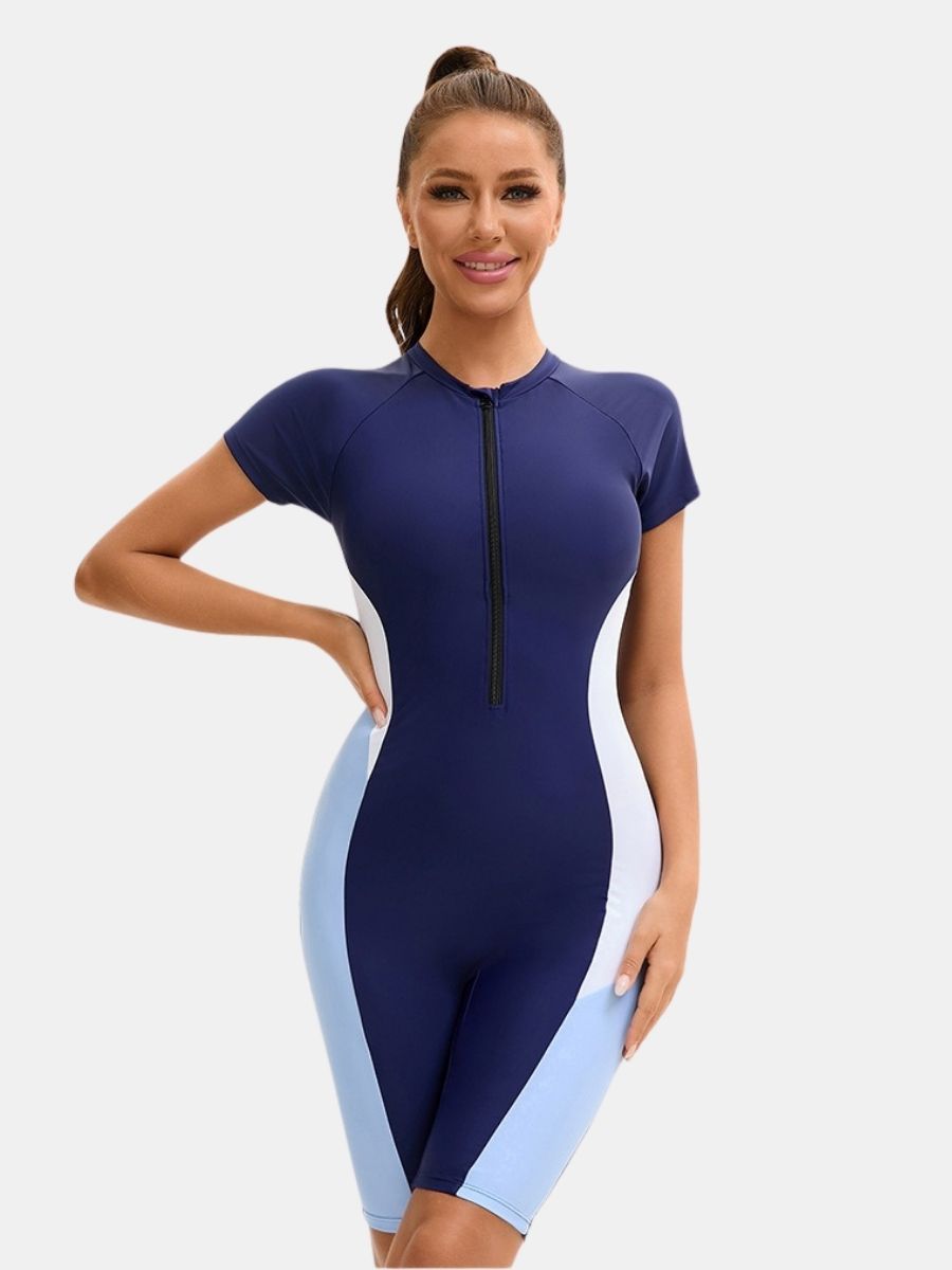 Front Zip Short Sleeve Boyleg Sufing Athletic Jumpsuit Women One-piece Sports Swimsuit